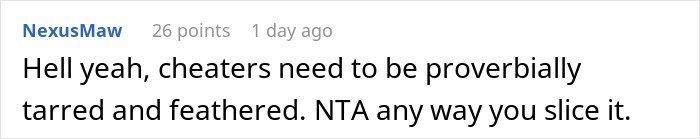 Comment discussing cheaters and response to dating neighbor's husband.