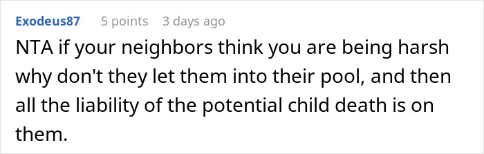 Comment discussing neighbor kids using pool, highlighting liability concerns.