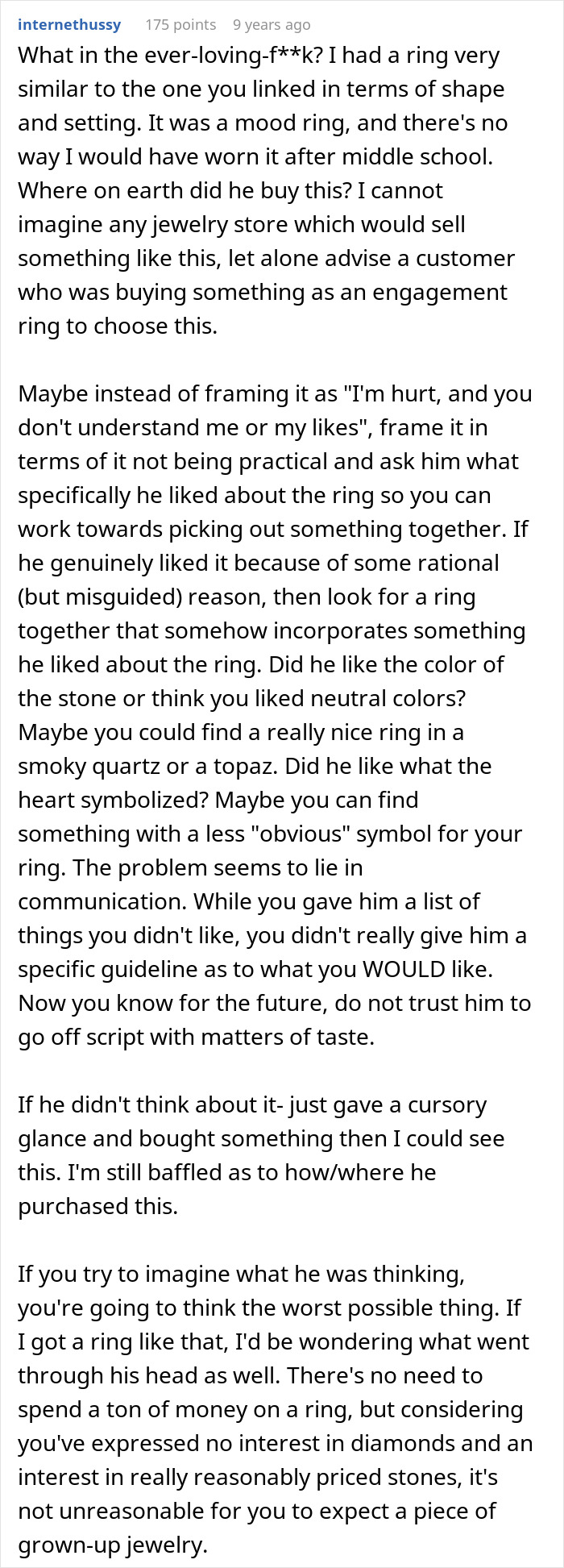 Reddit comment criticizing a man's choice of an engagement ring, mentioning mood ring and communication issues.