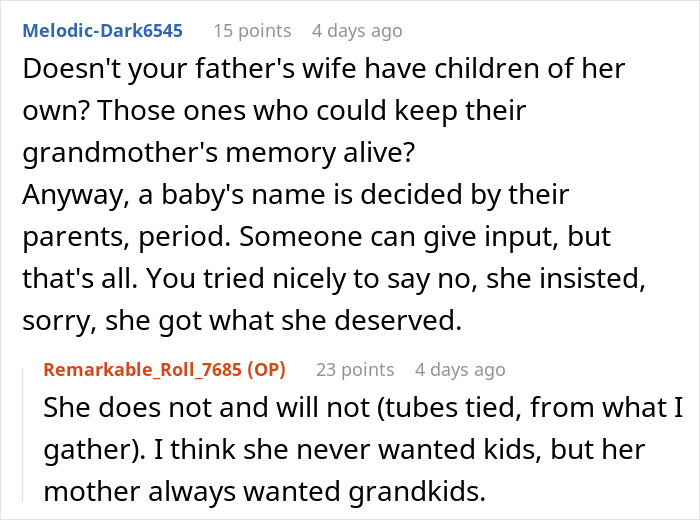 Reddit comments discussing naming a baby and family expectations, highlighting a disagreement involving a stepmom.