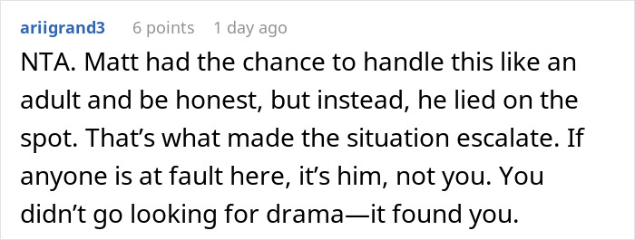 Reddit comment discussing relationship drama, mentioning honesty and avoiding blame.
