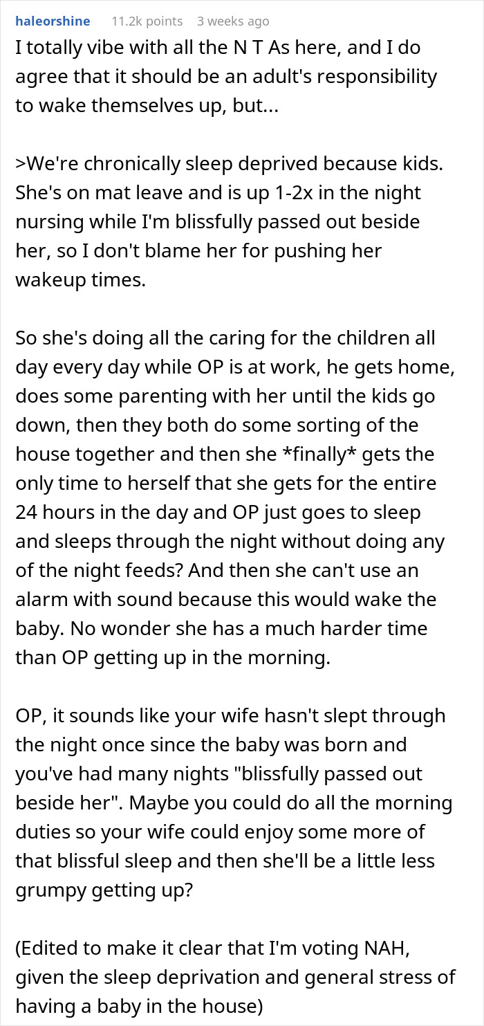 Reddit post discussing a wife's morning wake refusal due to chronic sleep deprivation from caring for children.