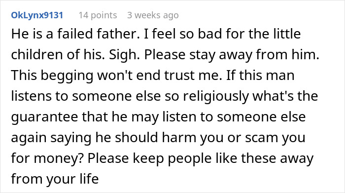 Comment discussing concerns about a man's actions affecting his children, suggesting caution around such individuals.