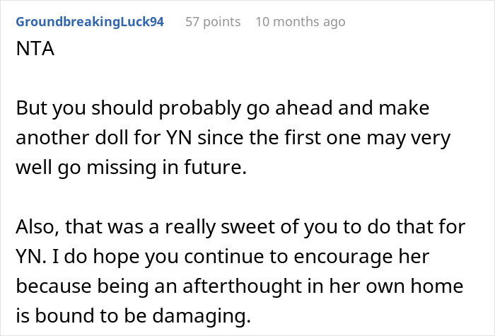 Reddit comment about customizing a doll for a five-year-old who feels like an afterthought in her home.