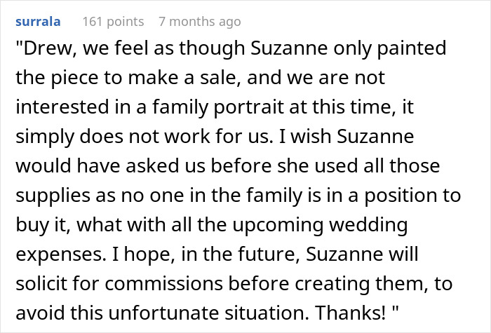 Text screenshot of a message expressing upset over unsolicited paintings and requests for future commission inquiries. Text screenshot of a message expressing upset over unsolicited paintings and requests for future commission inquiries.
