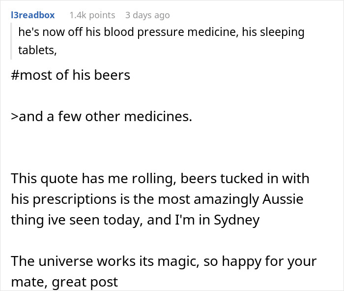 Text about a man reducing medicines and beer, highlighting a lifestyle change and improved health as a blessing.