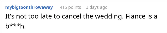 Comment discussing wedding cancellation and criticizing the fiancé, related to a cupcake incident. Comment discussing wedding cancellation and criticizing the fiancé, related to a cupcake incident.