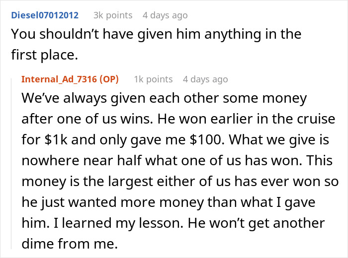 Reddit conversation about cruise jackpot sharing leads to disagreement. Reddit conversation about cruise jackpot sharing leads to disagreement.