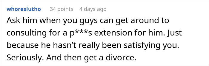Comment addressing fat-shaming, suggesting a personal retort and divorce advice. Comment addressing fat-shaming, suggesting a personal retort and divorce advice.