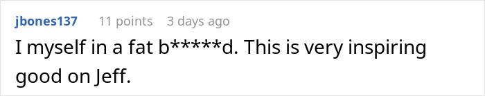 Comment praising Jeff on weight loss journey, finding inspiration in his story.