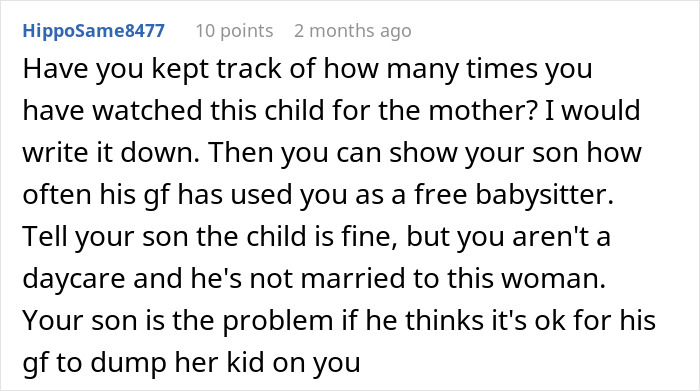 Comment discusses grandma babysitting issues related to son's girlfriend, mentioning "free babysitter" and "childcare. Comment discusses grandma babysitting issues related to son's girlfriend, mentioning "free babysitter" and "childcare.