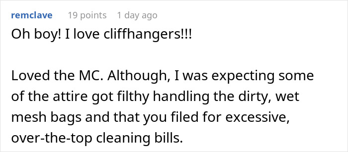 Reddit comment discussing attire expectations and cleaning bills.