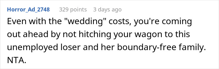 Reddit comment discussing wedding cancellation due to in-laws' behavior. Reddit comment discussing wedding cancellation due to in-laws' behavior.