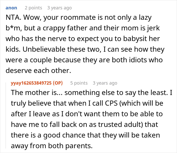 Reddit comments discussing a roommate locking his kids out to play video games and refusing to parent them.