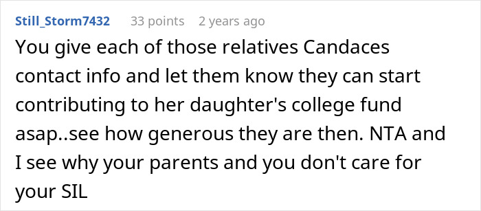 Reddit comment discussing refusal to share kid’s college fund with brother’s stepdaughter, mentions issues with sister-in-law. Reddit comment discussing refusal to share kid’s college fund with brother’s stepdaughter, mentions issues with sister-in-law.