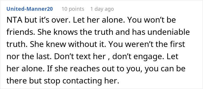 Comment about dating a neighbor's husband, advising no contact.