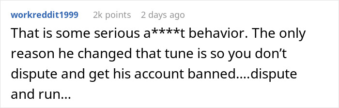Reddit comment discussing manipulative behavior related to $600 dispute.
