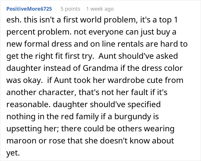 Text discussing a sweet sixteen dress dispute about respecting daughter's decisions on dress color choices.