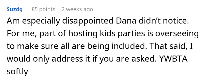 Comment discussing hosting kids' parties and guest inclusion.