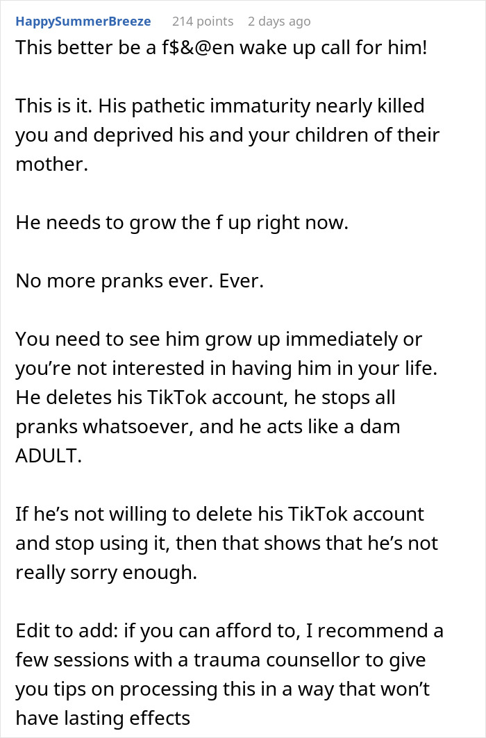 Text criticizing husband's prank that nearly cost wife's life, urging maturity and cessation of pranks.