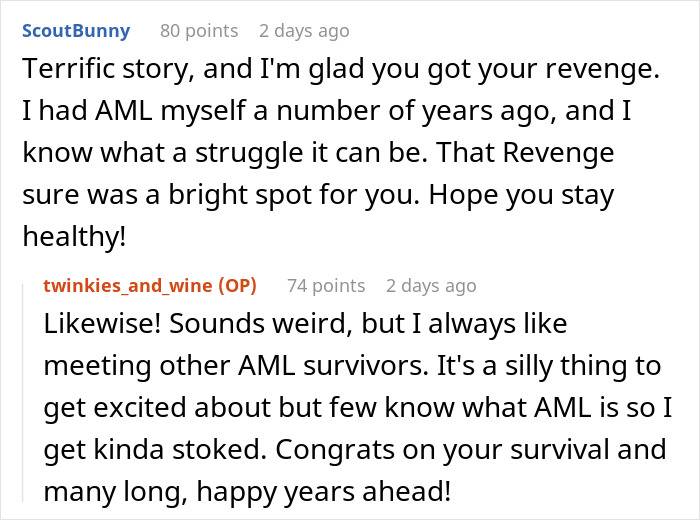 Comments about AML cancer survival experiences and support shared by two users. Comments about AML cancer survival experiences and support shared by two users.