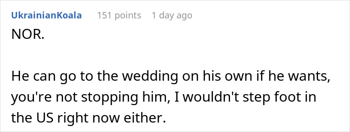 Comment discussing refusal to visit the U.S. in light of tariffs and jokes about a 51st state.