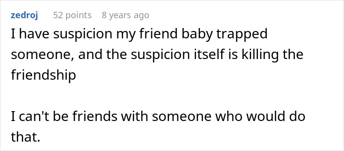 Text post about suspicion of friend baby trapping, affecting friendship.