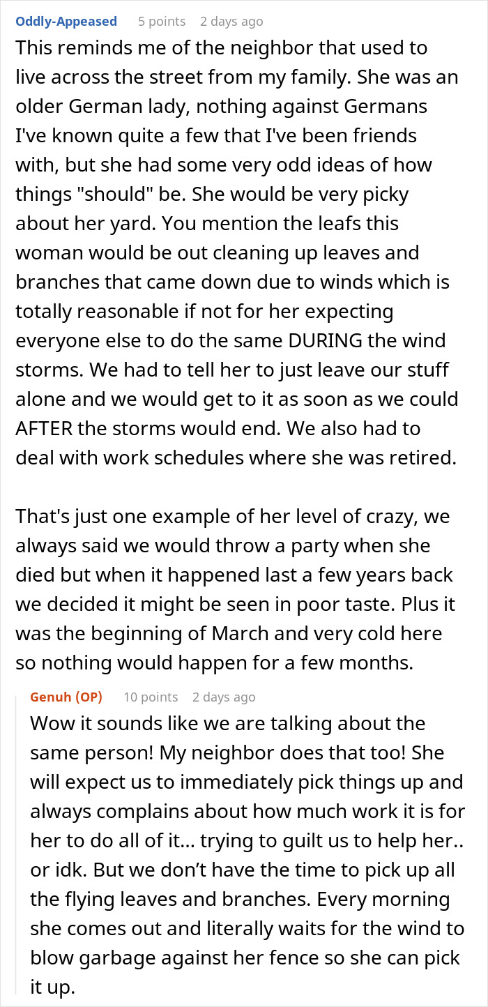 Text exchange discussing an OCD woman's reactions to neighbor's yard cleanliness and fence plans.