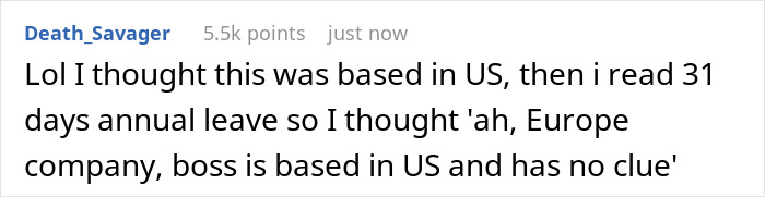 Reddit comment about American boss and European employee's annual leave misunderstanding.