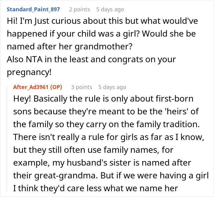 Text exchange about a baby name tradition, focusing on family naming rules and their significance.