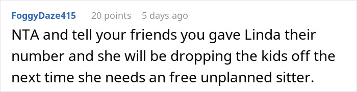 Text comment about a woman needing a babysitter after dropping off her kids unexpectedly.