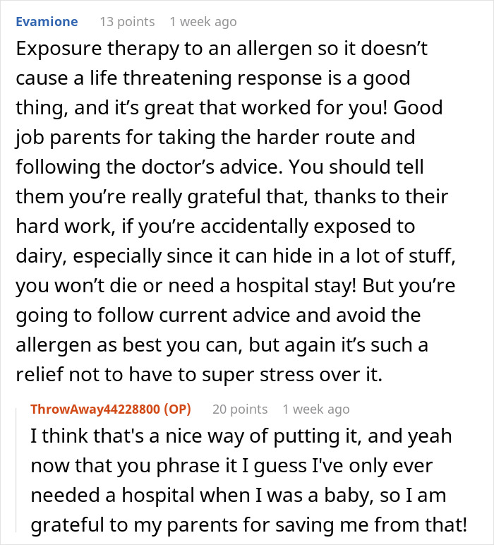 Reddit comments discussing allergies and embarrassment, mentioning parents and exposure therapy benefits.