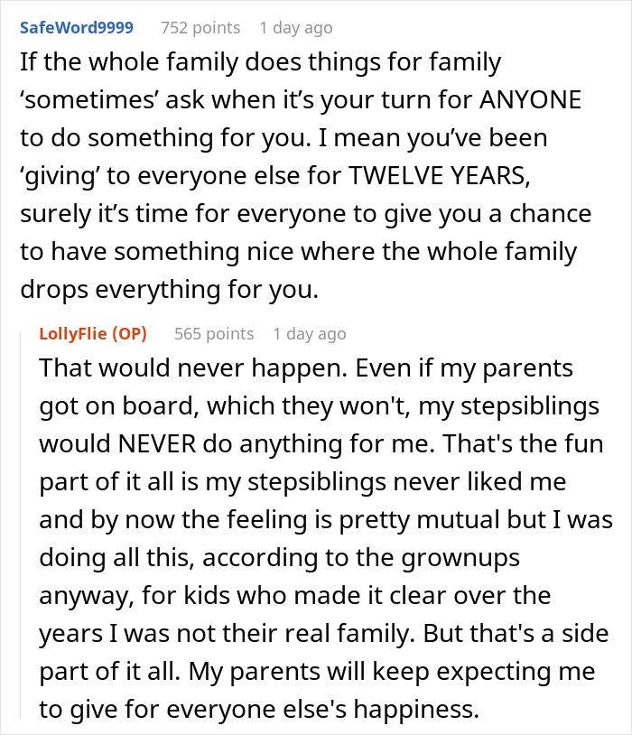 Text exchange discussing challenges in stepsibling and family dynamics and expectations. Text exchange discussing challenges in stepsibling and family dynamics and expectations.
