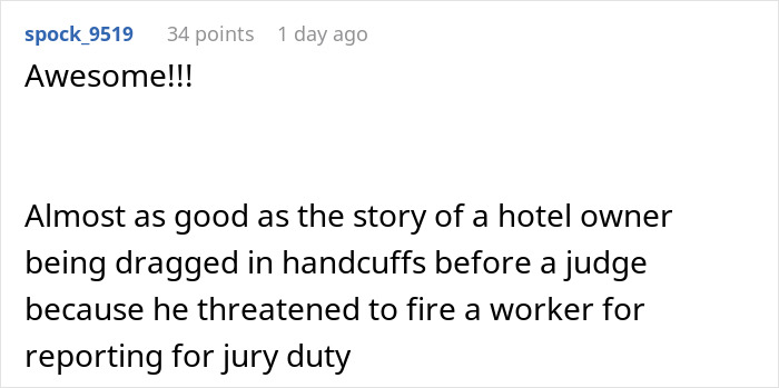Comment discussing hotel owner's legal issue over firing worker.