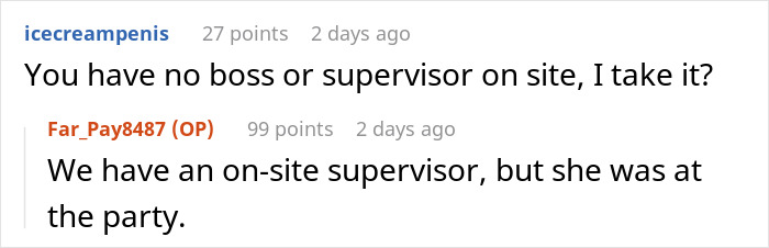 Screenshot of a Reddit conversation about an office party and supervisor.