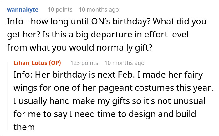 Comments discussing birthday gifts and custom handmade presents.
