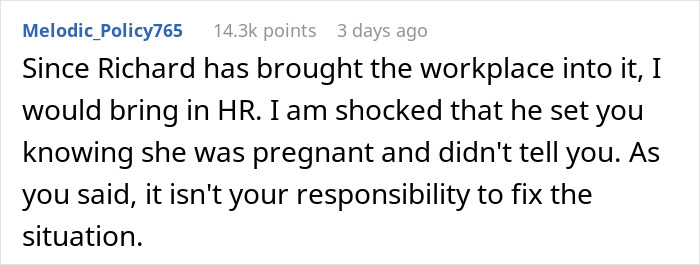 Comment discussing a pregnant woman and workplace dynamics.