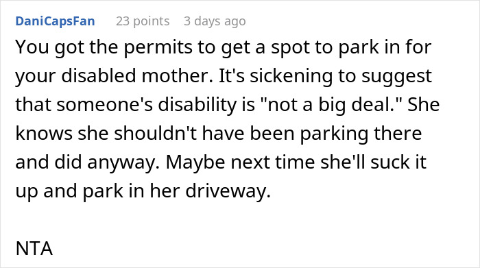 Text comment criticizing someone for parking in a disabled neighbor's spot.