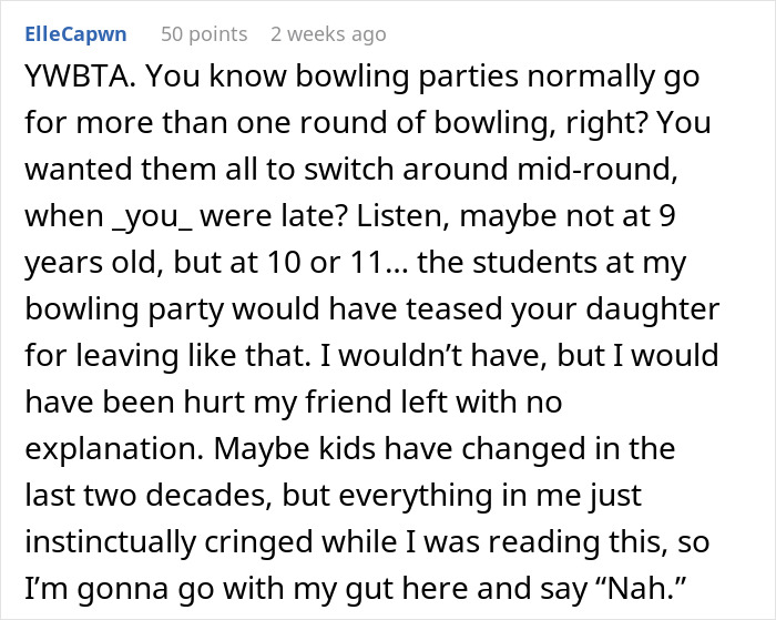 Reddit comment discussing a bowling birthday party, etiquette, and social dynamics among kids.