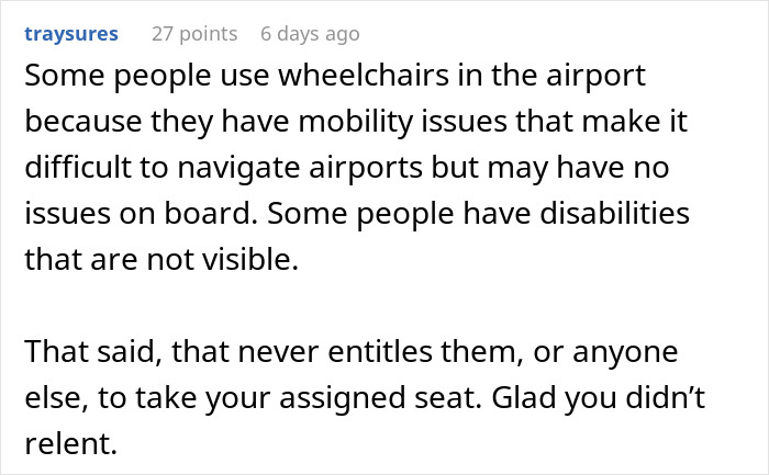 Comment about a lady's accusation involving a passenger's claim about a handicapped grandma to get an aisle seat.