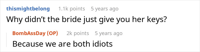 Reddit exchange about insulin quest and breaking into bride's house for meds, expressing mutual misunderstanding.