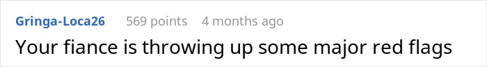Comment highlighting red flags with fianc&eacute; amid wedding doubts.