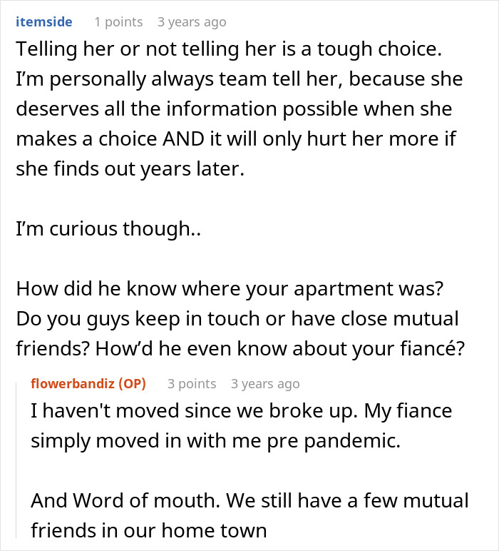 Comments discussing a man who showed up at his ex-girlfriend&rsquo;s door before his wedding.
