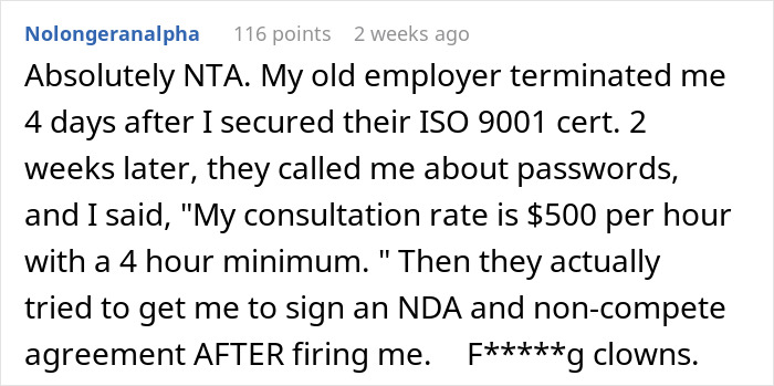 Former employee responds with consultation rate after being fired.