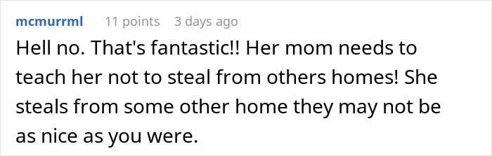Comment praising aunt for teaching niece a lesson about stealing, highlighting consequences for sticky-fingers behavior.