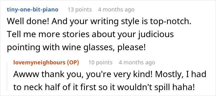 Reddit comments discussing writing style and humorous wine glass stories related to immigrants.