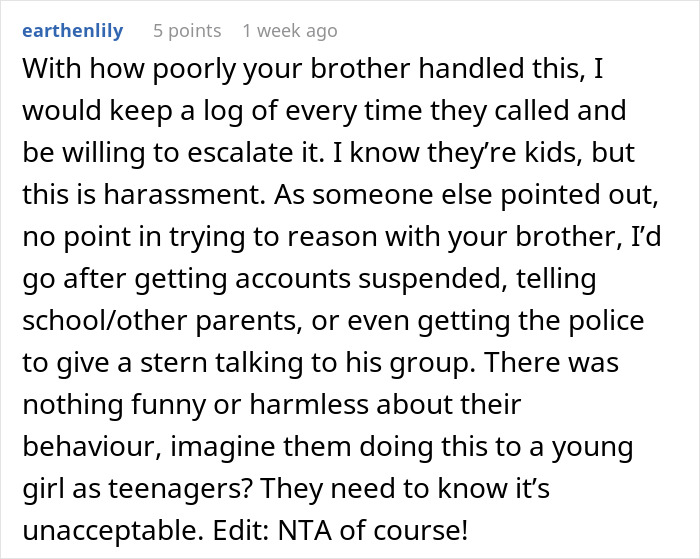 Comment on disciplining a son for harassment, suggesting suspension or police involvement.