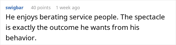 Text comment about boyfriend's behavior in restaurants, discussing berating service staff.