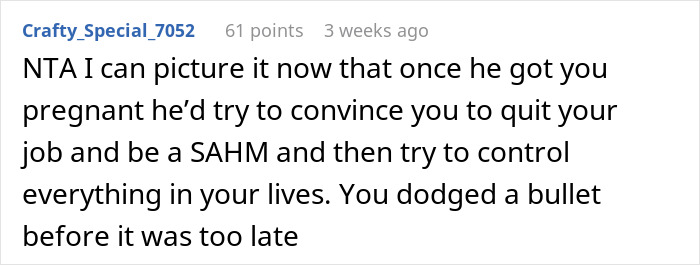 Reddit comment discussing a man telling his fianc&eacute;e starting a family is her job, with encouragement for her decision.