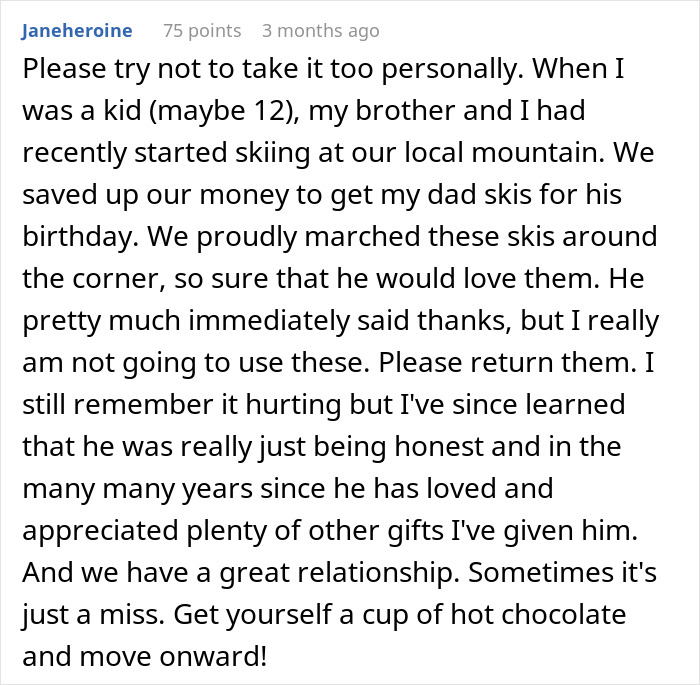 Text about a woman giving special gifts to her parents, recalling a childhood ski gift returned by her dad. Text about a woman giving special gifts to her parents, recalling a childhood ski gift returned by her dad.